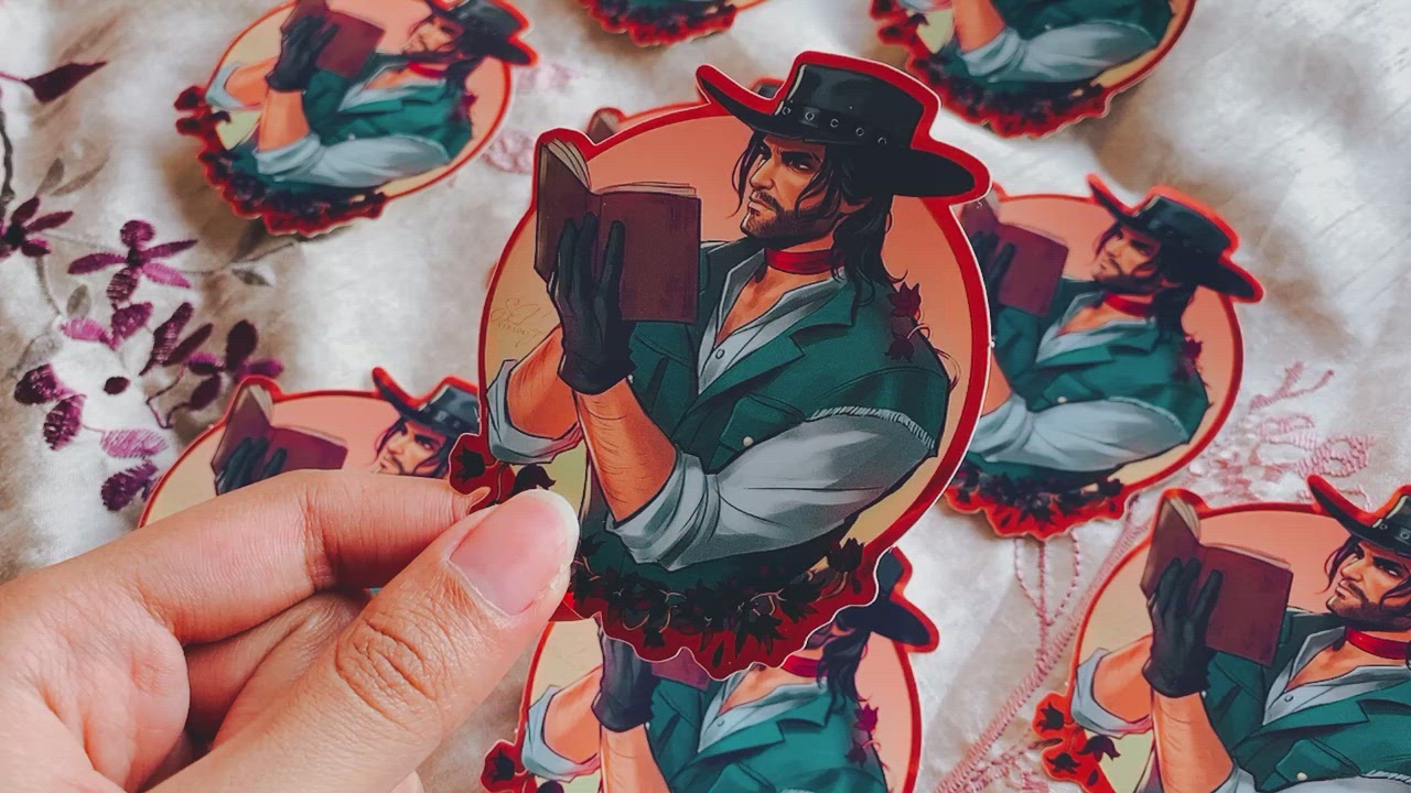 video of a cowboy sticker, with the character wearing a cowboy hat and reading a journal