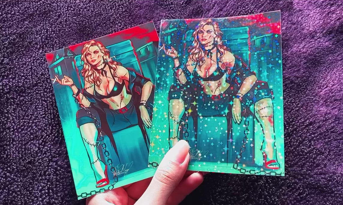 A classic cowgirl next to the holographic version for this Halloween art print