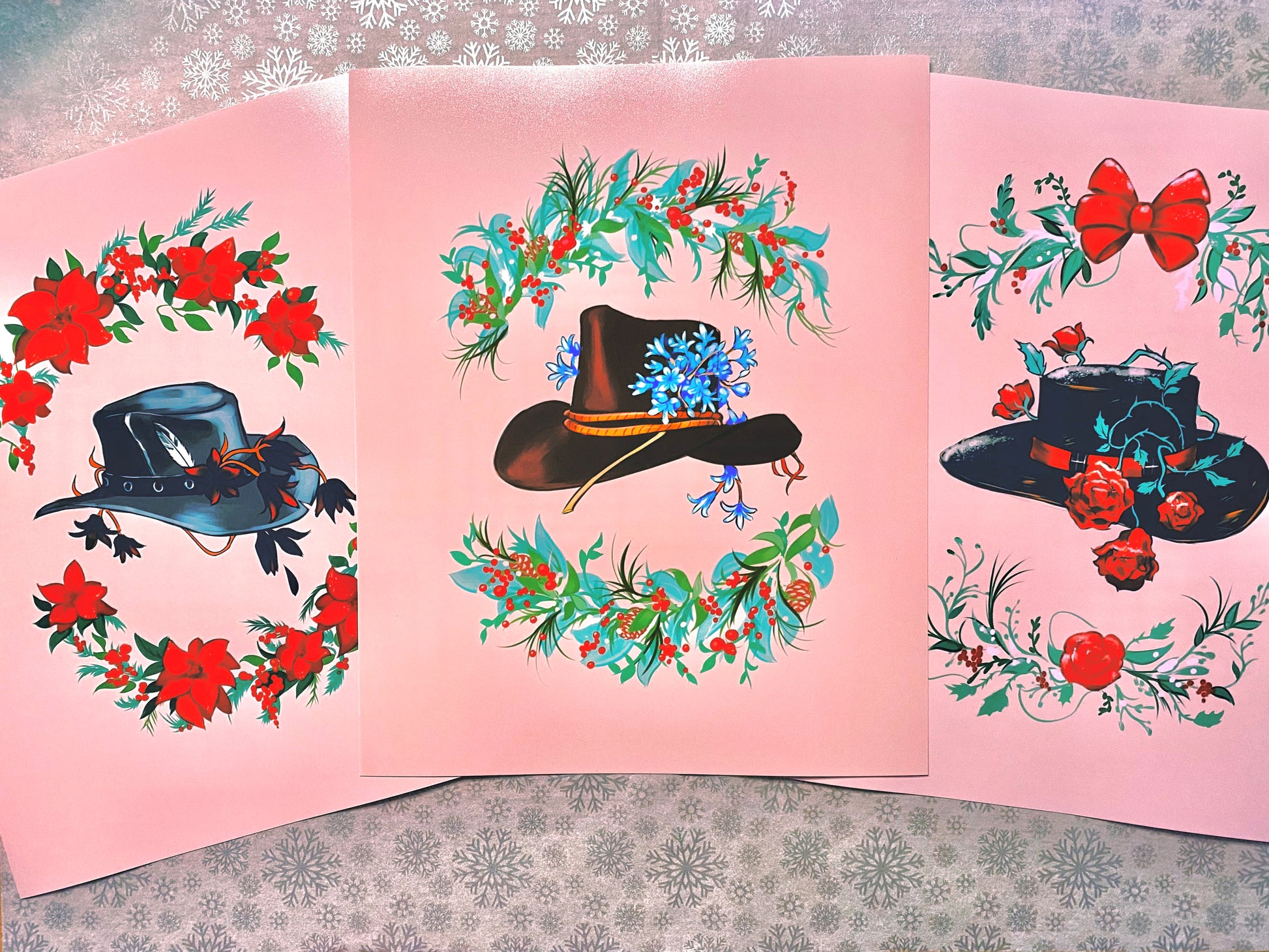 All three floral cowboy hat art posters for the festive season