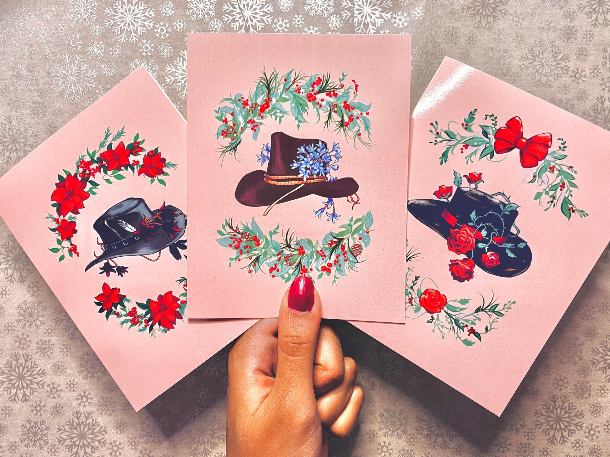 Cowboy hat art gift cards for the festive season, in three different designs