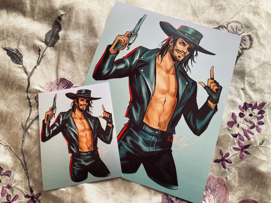 topless cowboy art print, wearing a black cowboy hat and leather