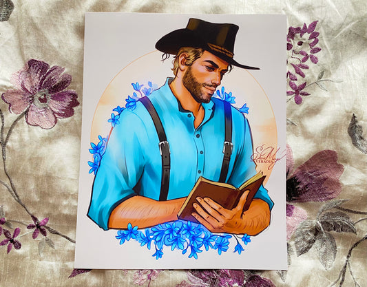 Cowboy digital art print of a character surrounded by blue lilies and wearing a cowboy hat