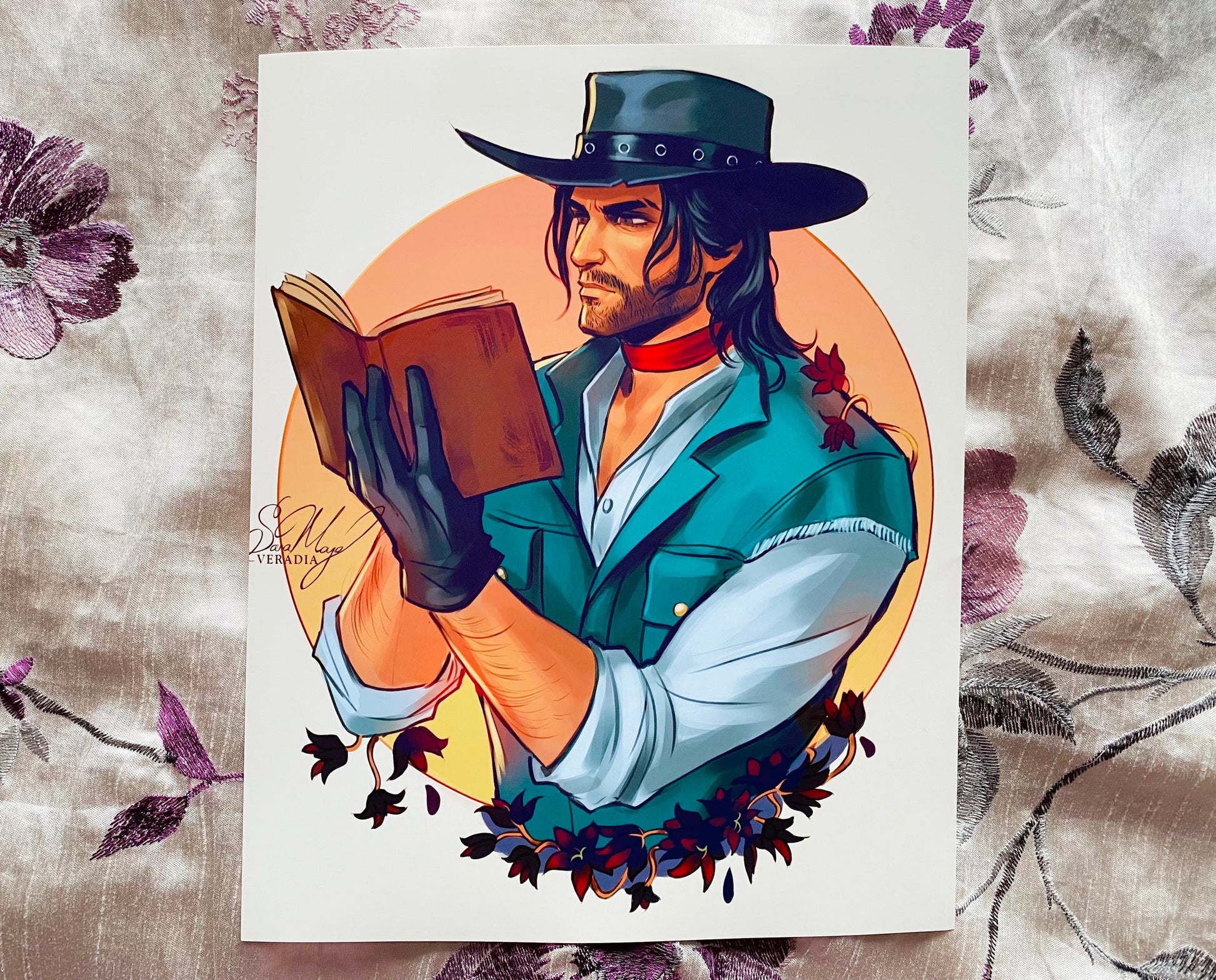 western cowboy art of a character wearing a cowboy hat and surrounded by black lilies