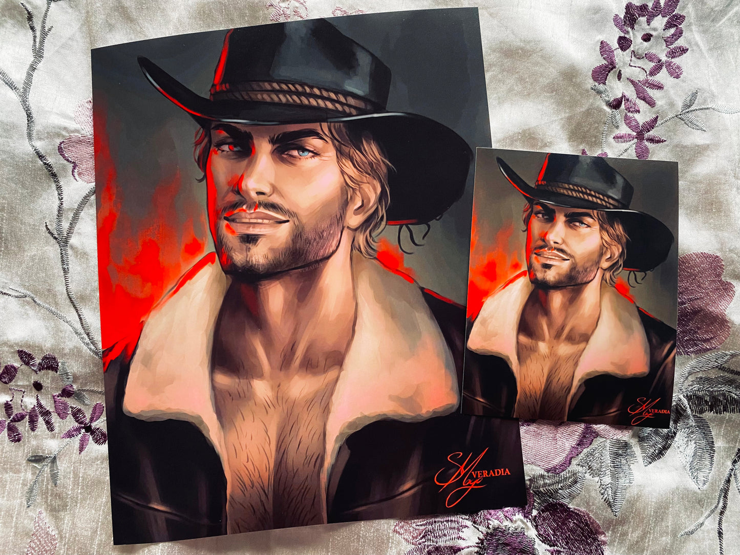 Western cowboy art print, with a thick fur jacket and cowboy hat