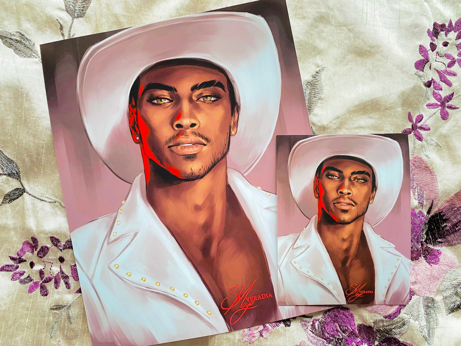 Modern cowboy art with character wearing a white suit and cowboy hat