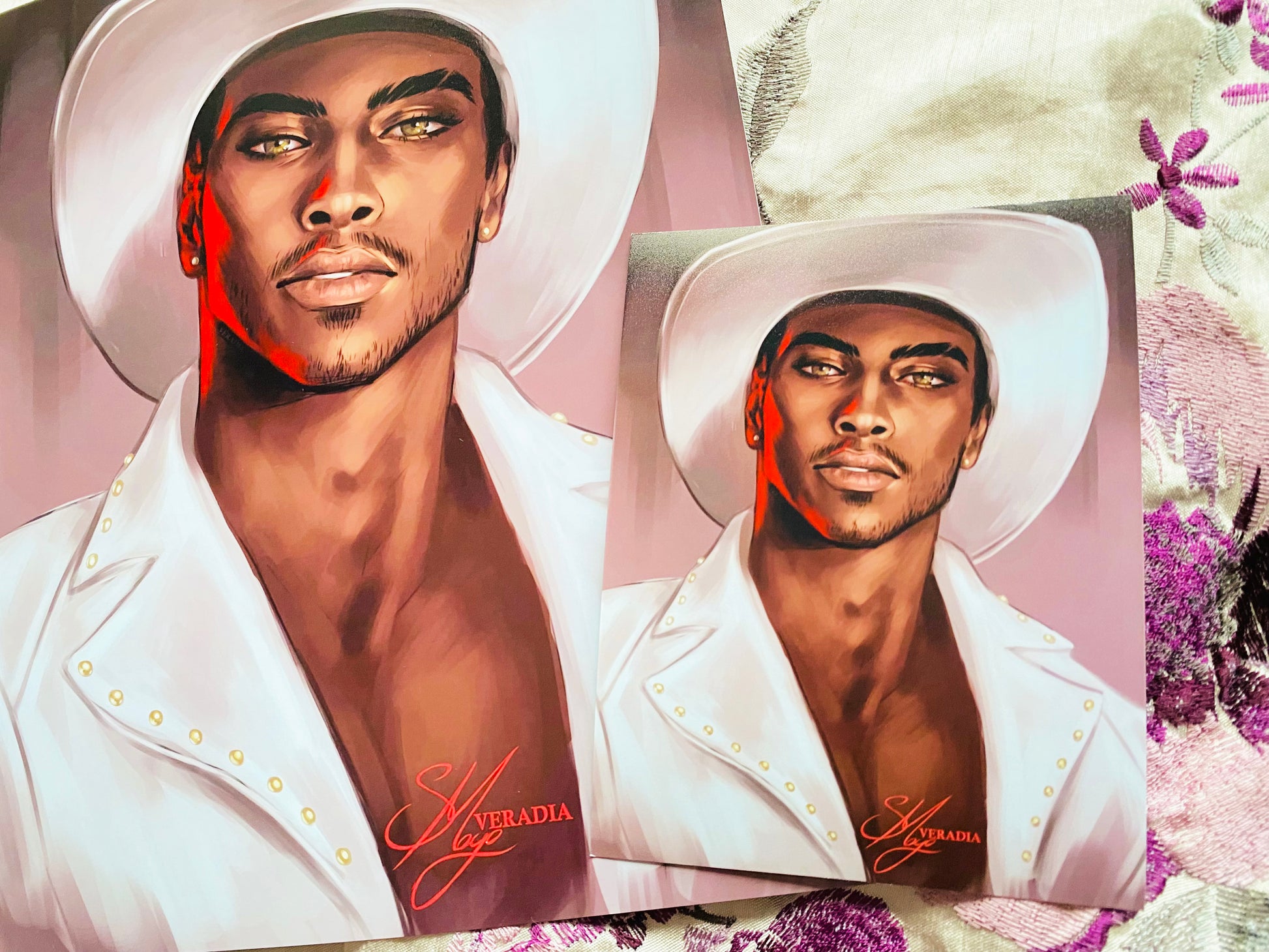 Black cowboy art prints in modern white suit and cowboy hat