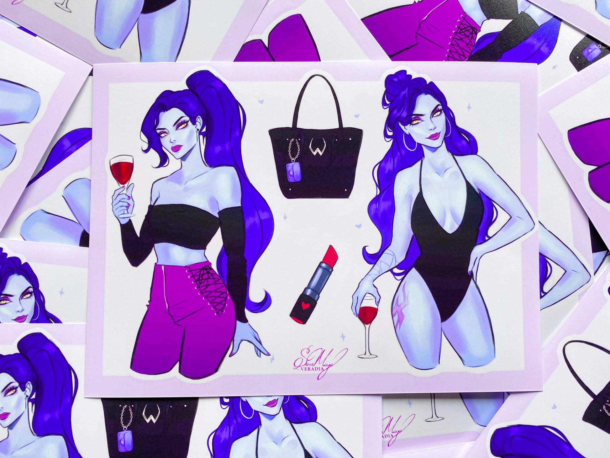 Veradia's summer widow design, with a swimsuit, wine, lipstick and her handbag