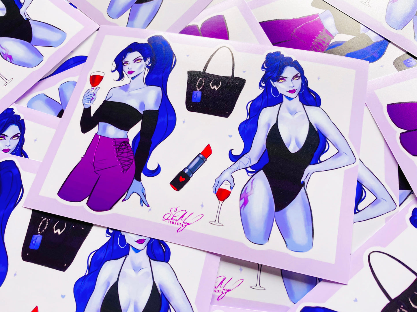 Summer Widow outfit print, including lipstick and wine