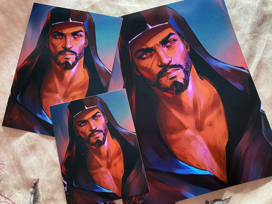 Reaper art print in three sizes, showing his chest under a black jacket