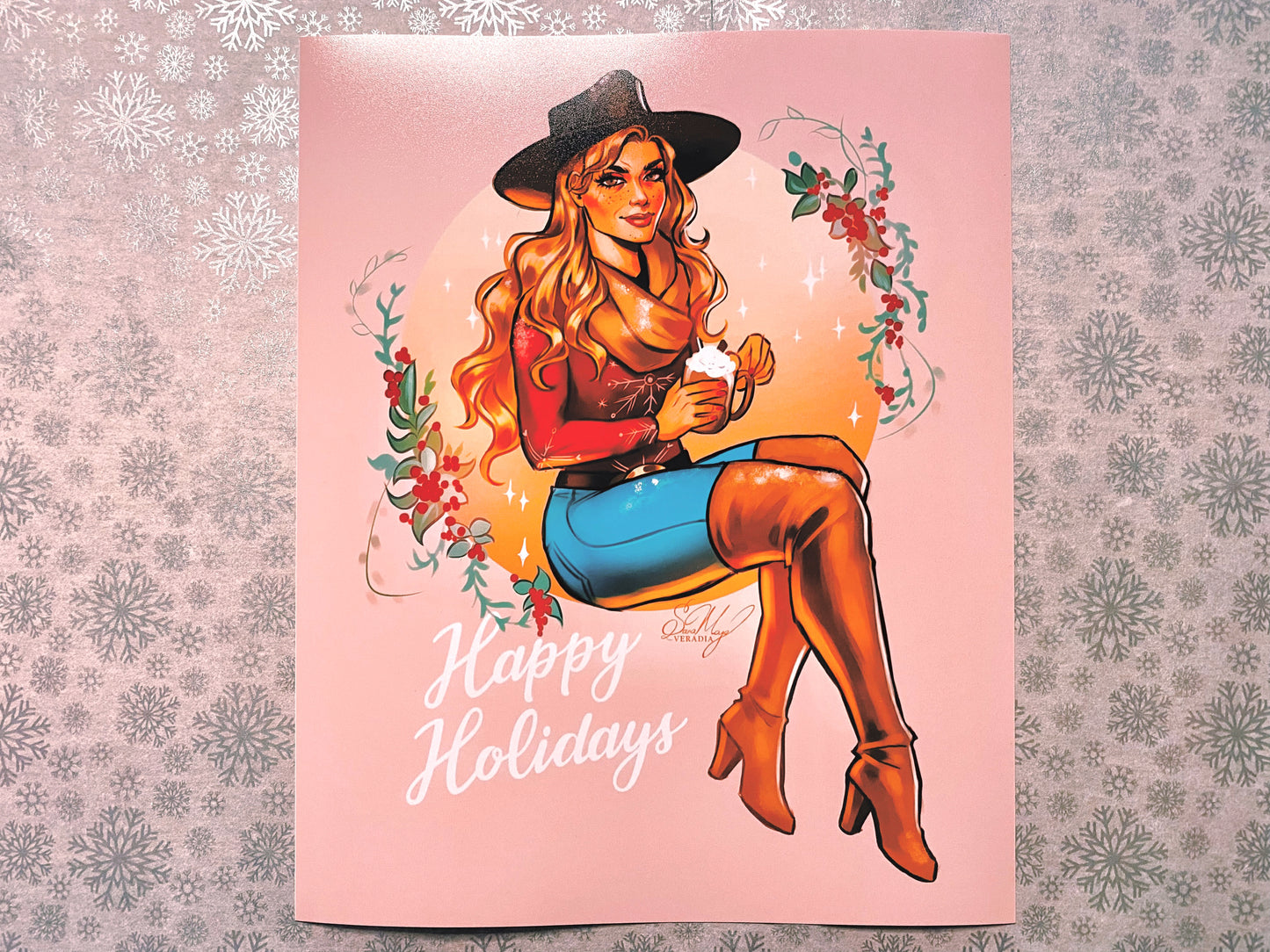 Adorable cowgirl print of Sadie in a Christmas jumper and cowboy hat