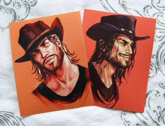 Cowboy portraits that include cowboy hats and one with a scar