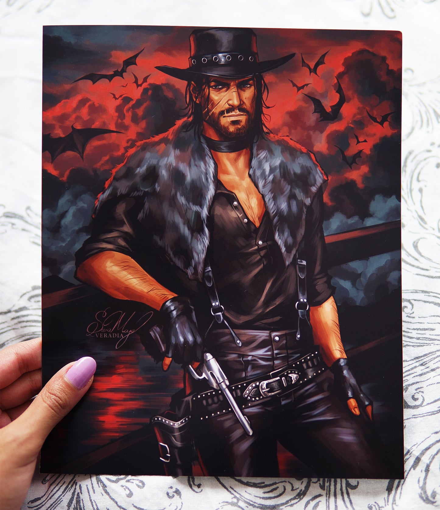 Western cowboy art print, dressed in black for Halloween.