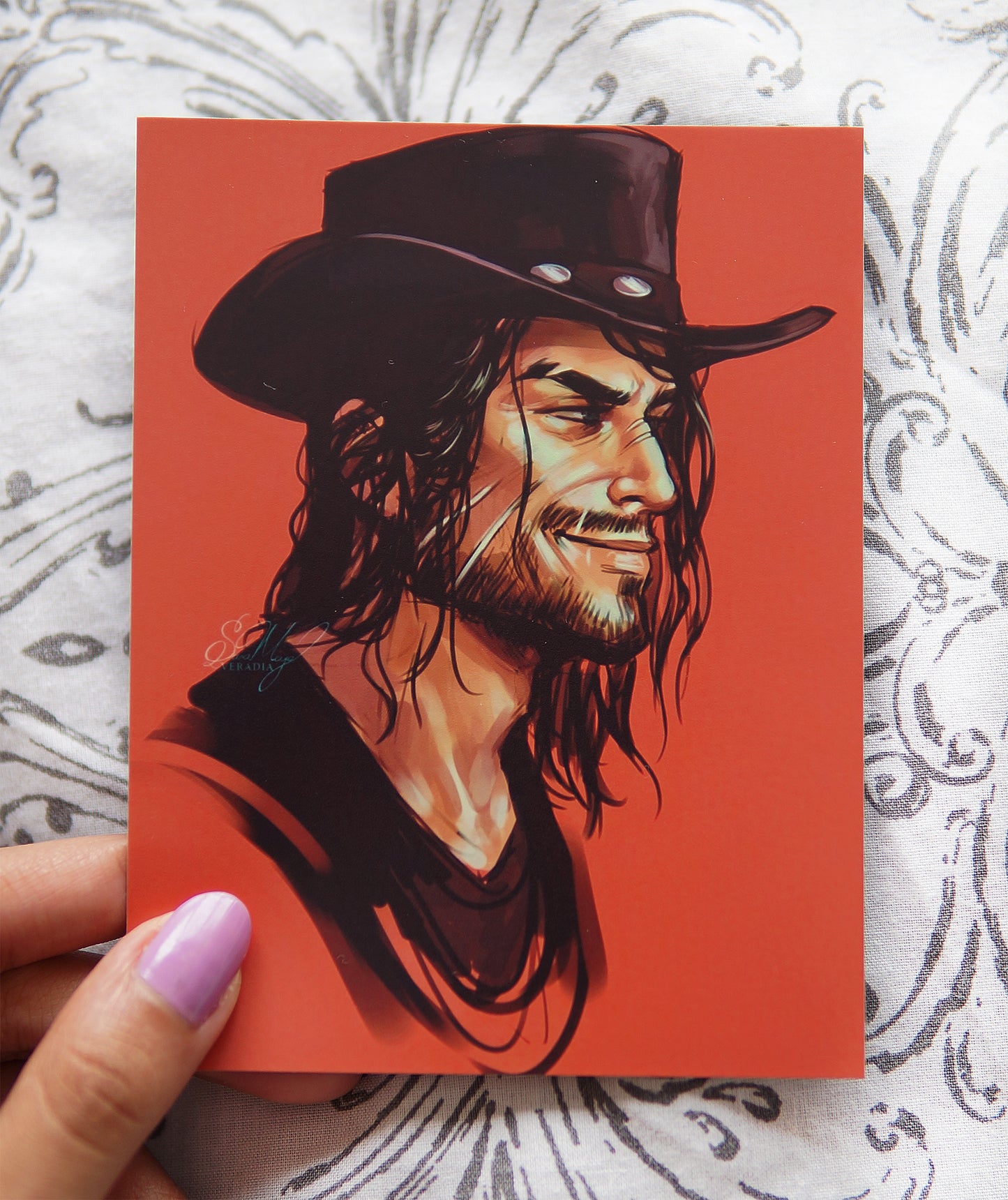 Smirking cowboy art print with a scar